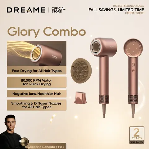 【Limited-Time Deal】DREAME Hair Glory Combo High-Speed Hair Dryer, 110,000 RPM Motor, 300 Million Negative Ions, Fast-Dry in 2 Minutes, Lightweight & Quiet, Smart Temp Control, Ideal for Smooth, Shiny Hair