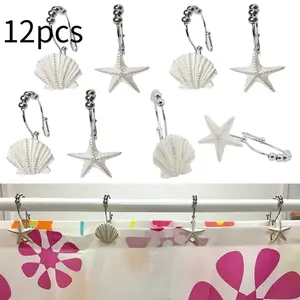 Seashell Shower Curtain Hooks 12 Pcs Double Roller Glide Rust-Resistant Stainless Steel Decorative Shower Curtain Rings for Bathroom, Bedroom, Living Room Decor (White) - Home Improvement. Iron Set