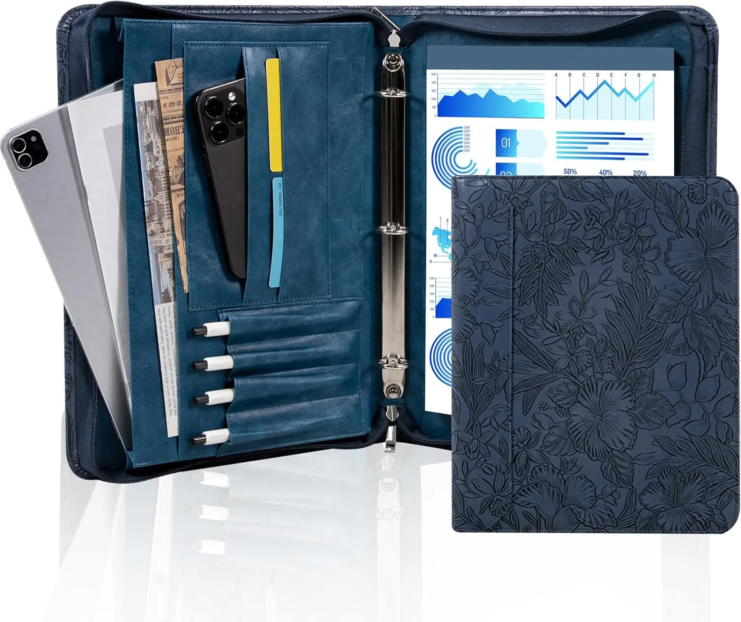Embossed Portfolio Binder,3-Ring Zipper Padfolio for Women and Men,A4/Letter Size,PU Leather with iPad,Professional Organizer for Resume/Interview (Dark Blue)