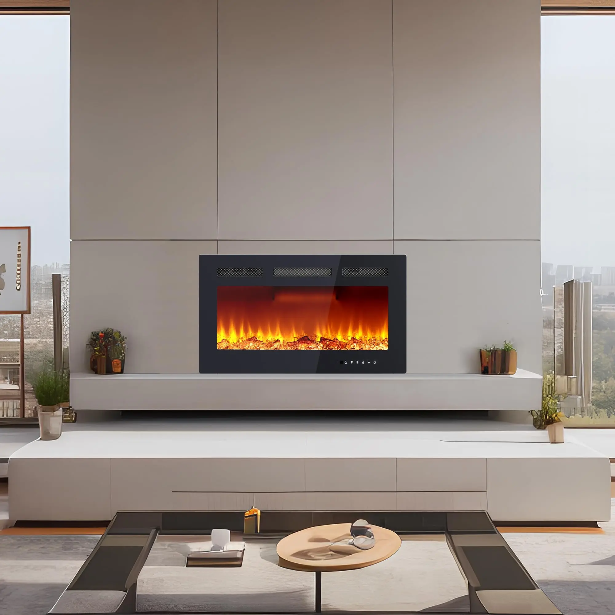 Garvee 50'' Electric Fireplace, Wall Mounted and Ultra-Thin Recessed Fireplace Heater with Remote & Touch Screen, Adjustable Flame, Low Noise, 120V/1500W Heater with Log & Crystal Inserts, Timer
