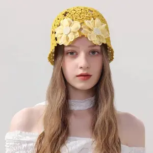 Women's Vintage Hollow Knit Hat with Floral Scarf and Flower Decor, Breathable Elastic Beanie for Spring Summer, Bohemian Style Headwear