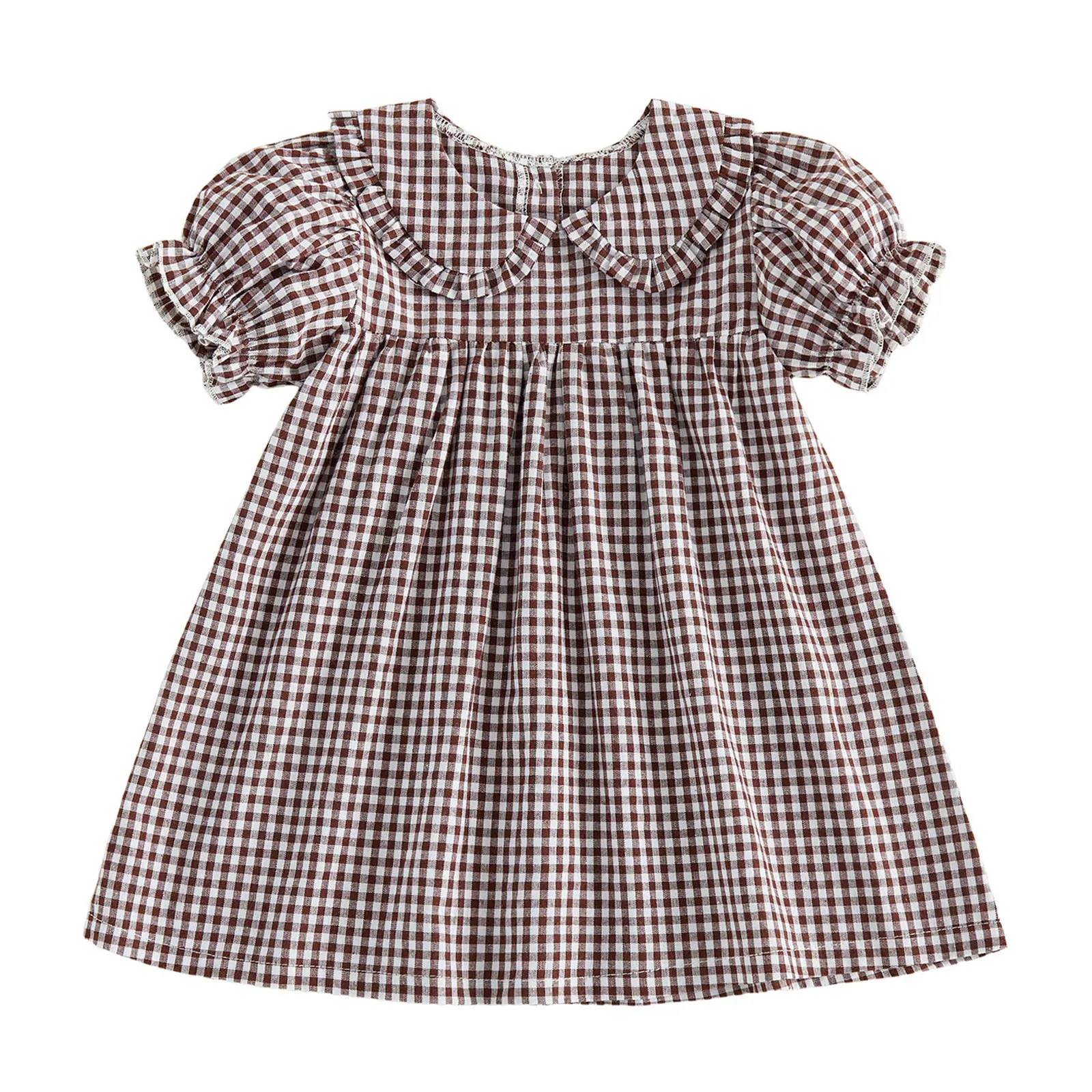 Toddler Baby Girl Vintage Gingham Dress Checkered Plaid Peter Pan Collar Puff Short Sleeve A Line Sundress Casual Summer Outfit