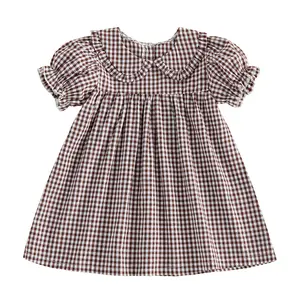 Toddler Baby Girl Vintage Gingham Dress Checkered Plaid Peter Pan Collar Puff Short Sleeve A Line Sundress Casual Summer Outfit