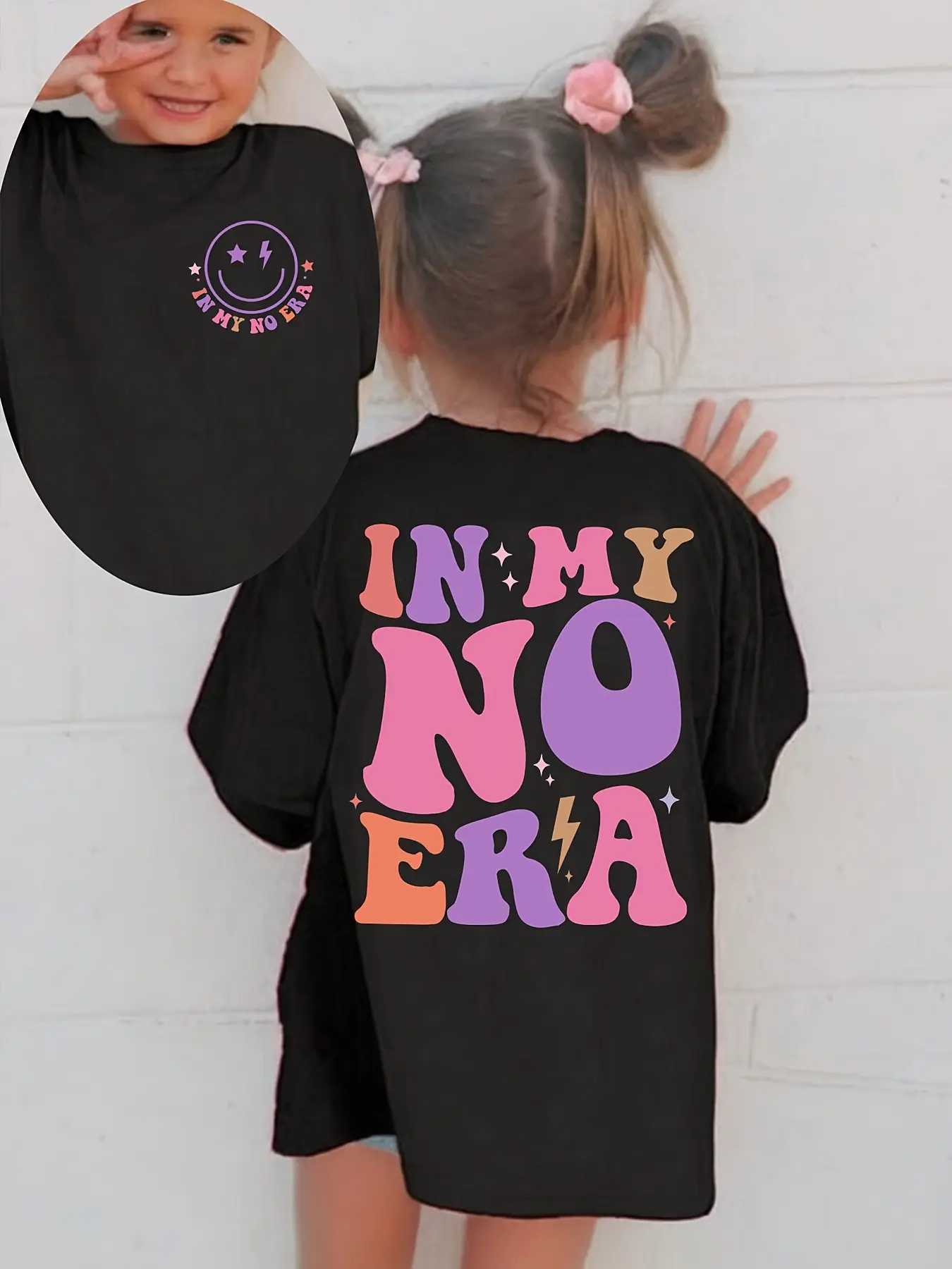 Girls' Soft Cotton Short-Sleeve T-Shirt - Child-Sized, Colorful Graphic Tee with Retro "In My No Era" Vibe, Letter Print, Mini Smiley Face, Double Stitching, Child-Sized Girls' T-Shirts, Colorful Girls' T-Shirts Comfy Tshirt Cute Basic Tee