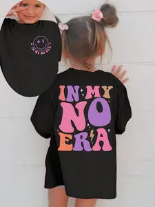 Kids Clothing Girls' Soft Cotton Short-Sleeve T-Shirt - Retro "In My No Era" Vibe Graphic Tee, Double Stitching, Letter Print, Mini Smiley Face