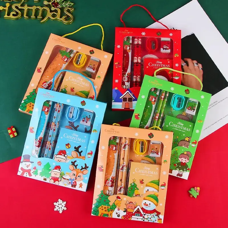 1 Sets Christmas Stationery Gift Boxes with Cute Cartoon Designs - Includes Pencils, Erasers, Pencil Sharpeners, Sticky Notes, Rulers & School Supplies - Festive Holiday