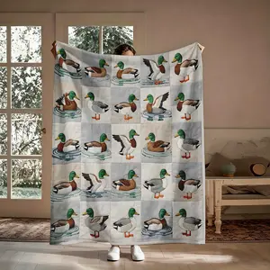 Mallard Duck Flannel Blanket, Patchwork Wild Duck Hunting Lodge Soft Throw, Cozy For Couch Bed, Gift For Him Hunting Lover, Farmhouse Rustic Decor