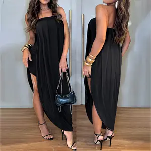 ChicMe Women's Faux Two-Piece Dress Strapless Tube Dress Ruched Asymmetric Hem Dress/Summer Dress with Detachable Clear Straps