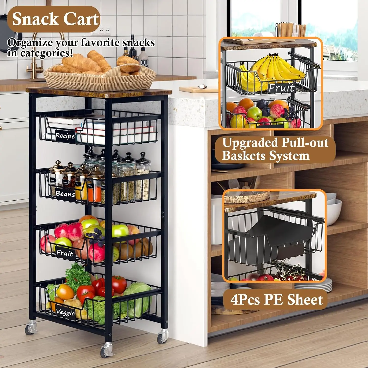 Stainless Steel 5-Tier Rolling Kitchen Storage Cart with Pull-Out Baskets, Wood Top, Wheels, Racks for Fruit, Vegetable, Snack Organization (Home Supplies Utility Pantry Organizer)