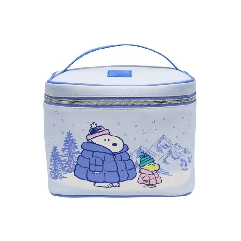 Peanuts Worldwide Snoopy Cartoon Design Faux Leather Make-Up Bag - 10 x 7 x 6.5 Inches Compartmentalized Organizer Kit with Brush Holder, Carry Strap, Airport Storage, Portable Makeup Pouch for Travel Cosmetic Bags On-the-Go Needs