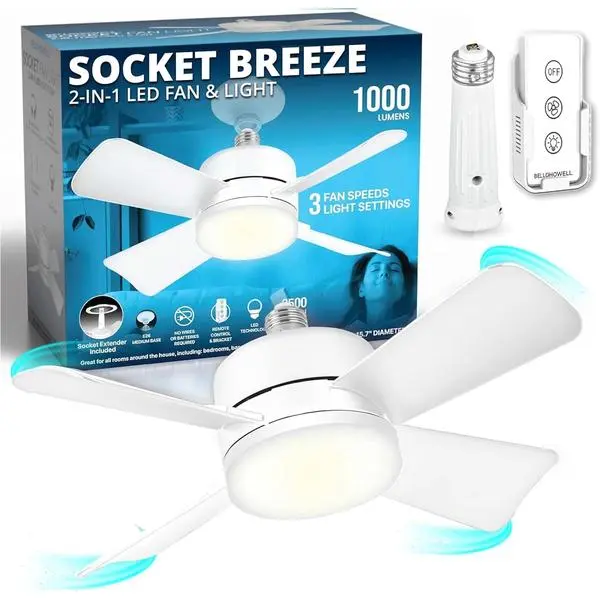 Bell+Howell Socket Breeze 15.4" Socket Fan Light, 5-Speed Deluxe Model – Portable Low Profile Ceiling Fans with Lights and Remote Control – For Bedroom, Kitchen, Living Room