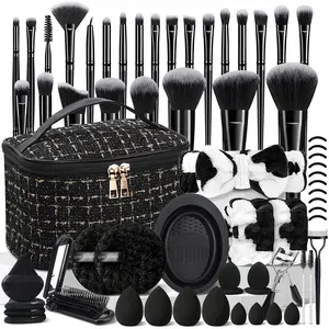 54Pcs Portable Makeup Set, Makeup Brushes Kits - 25 Black Multi-Use Cosmetic Brushes, Makeup Sponges, Travel Makeup Bag, Headband, Cleaning Sponge, Cleaning Brush, Folding Mini Hair Brush, Eyelash Curler & Separator, Ideal Holiday Gift for Her