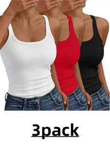 Women's Square Neck Sleeveless Tank Top Set, Casual Plain Ribbed Design, Perfect for Daily Wear & Stylish, Comfortable Women's Clothing