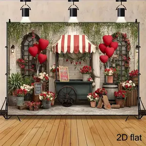 1PC 2D Flat Polyester Reusable Retro Florist-Themed Valentine's Day Romantic Flower Cart Backdrop, Wall Decor Banner, Party Decoration for Wedding Proposal, Photography Prop