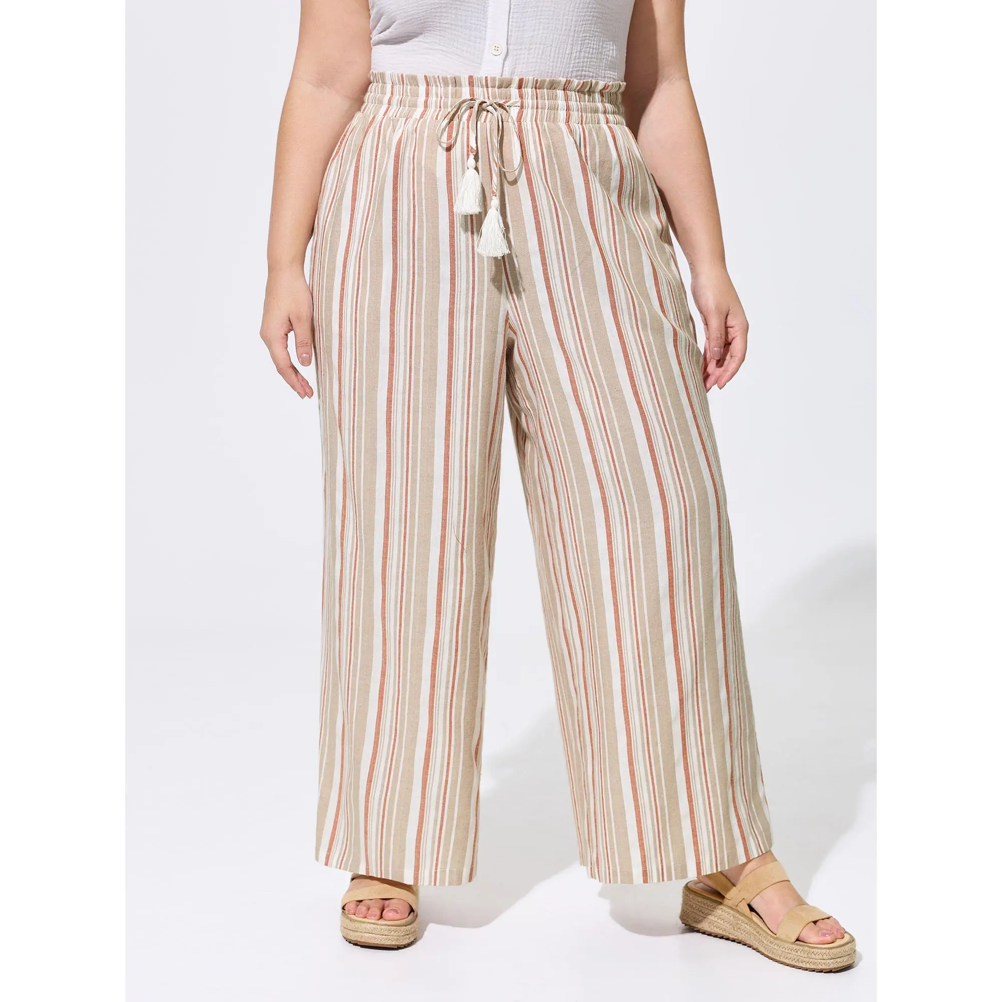BloomChic Women's Plus Size Casual Striped Bottoms, Mid Rise Rayon Blend Pants with a Drawstring Waist and Tassel Detail, Lady, Fabric, Fit, Cotton, Regular Length, Baggy Drawstring Pants, Wide-Leg Striped Pants, 14-16/1X