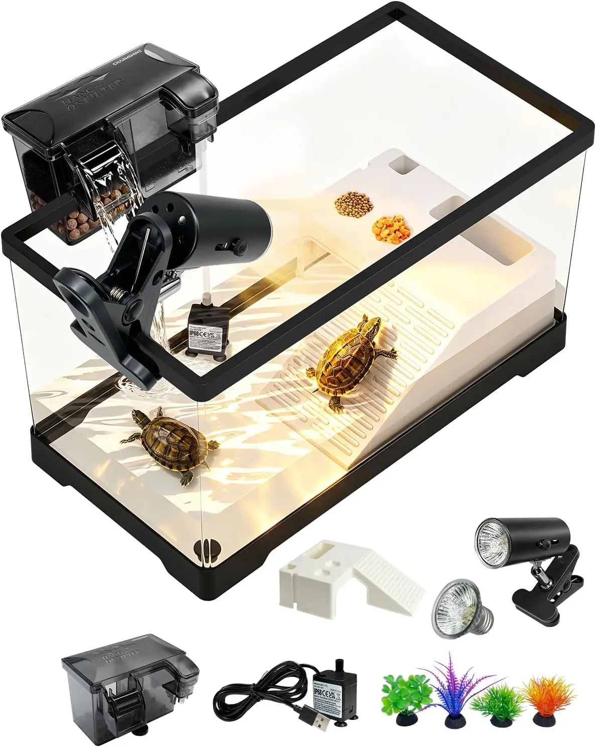 Small (1-15 Gal) Turtle Tank Starter Kit with Basking Platform, Hang-on-Back Filter, Adjustable Flow Pump, 1 Back Sunning Lamp with Timer, Bottom Drainage for Effortless Water Changes, Reptile Aquarium for Small Turtles Aquatic Pets