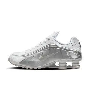 NIKE Men's Shox R4 Casual Sneakers in White Metallic Silver, Featuring a Synthetic & Textile Upper with Shox Cushioning Technology, All Seasons