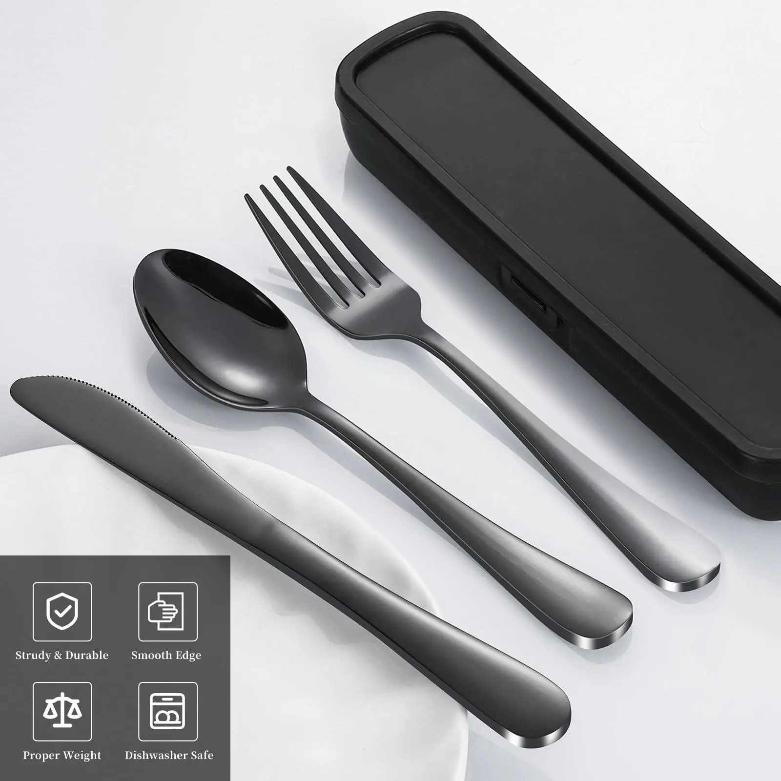 Travel Utensil Set with Box, 3-Piece Stainless Steel Portable Cutlery Kit, Reinforced Buckle Design, Camping Work School Lunchbox, Tableware Kit