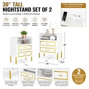 30" Tall White Nightstand Set of 2, Bedside Tables with Gold Trim & Legs, 2 Drawers and Open Shelf, Fast Charging Station, Modern Luxury Bedroom Furniture