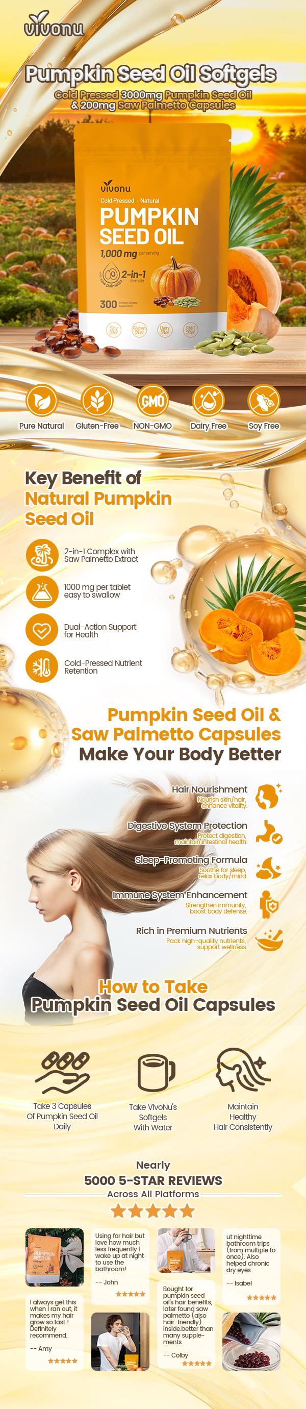 Natural pumpkin seed oil and saw palmetto softgel 1000mg high content plant esters 300 capsules