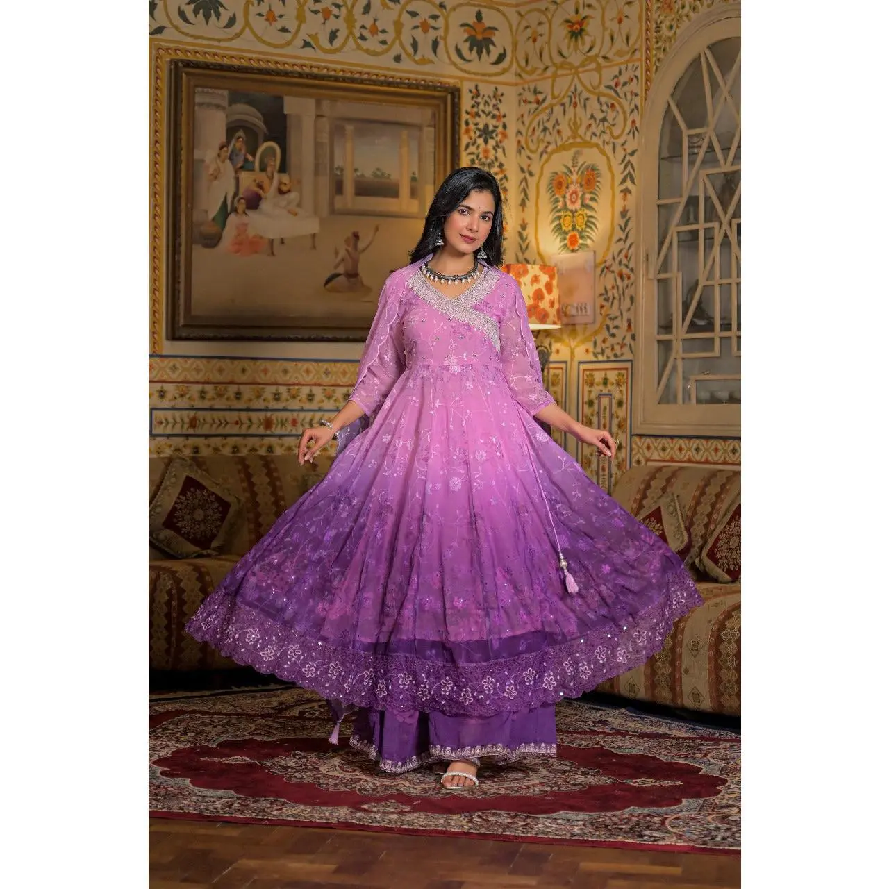Maiju And Vanji Fashion Plazzo Kurtha Set With Glass work and Embroidary Work.