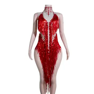 Red Rhinestone Long Fringe High Neck Bodysuit Nude Mesh Latin Dance Singer Costume Stage Party Drag Queen Performance