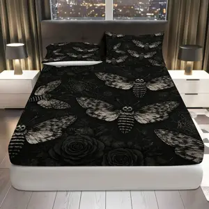 3Pcs Gothic Moth Rose Fitted Sheet Three Piece Set (1*Fitted Sheet+2*Pillowcases, Coreless), Halloween theme, Dark Bedding Set, Mattress protector Soft, Breathable, Floral Sheets