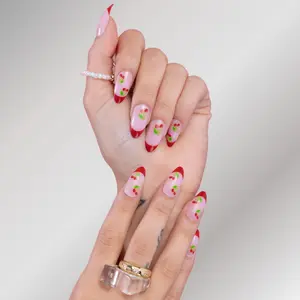 Cherry Press-on Nails - Red and Pink Design, Floral Accents, Elegant and Stylish Nail Art