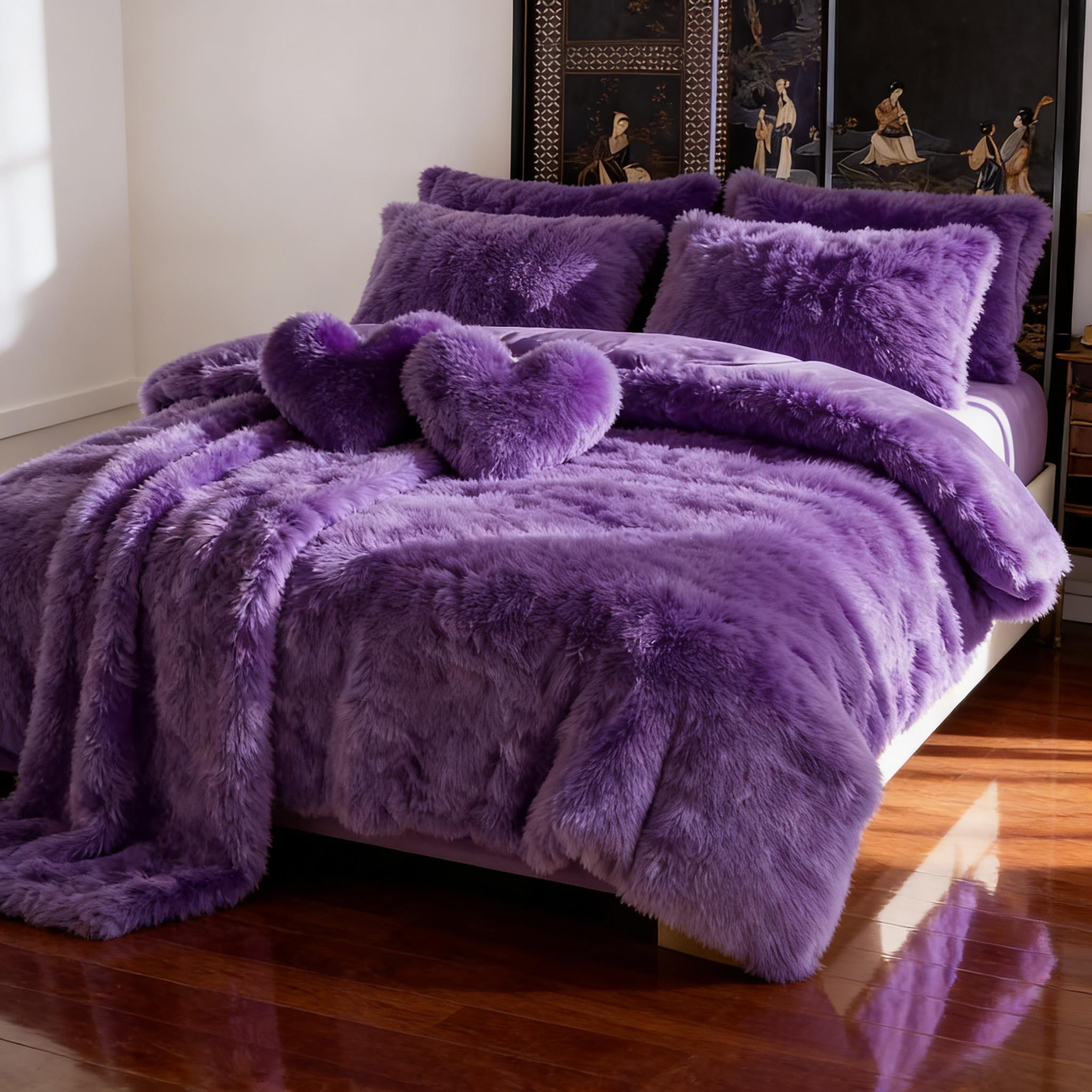 4 Piece Plush Duvet Cover Set Pink Queen Size （600 GSM）Soft Warm Bedding Set with 1 Fluffy Faux Duvet Cover+ 1 Heart Pillow + 2 Furry Pillow Shams