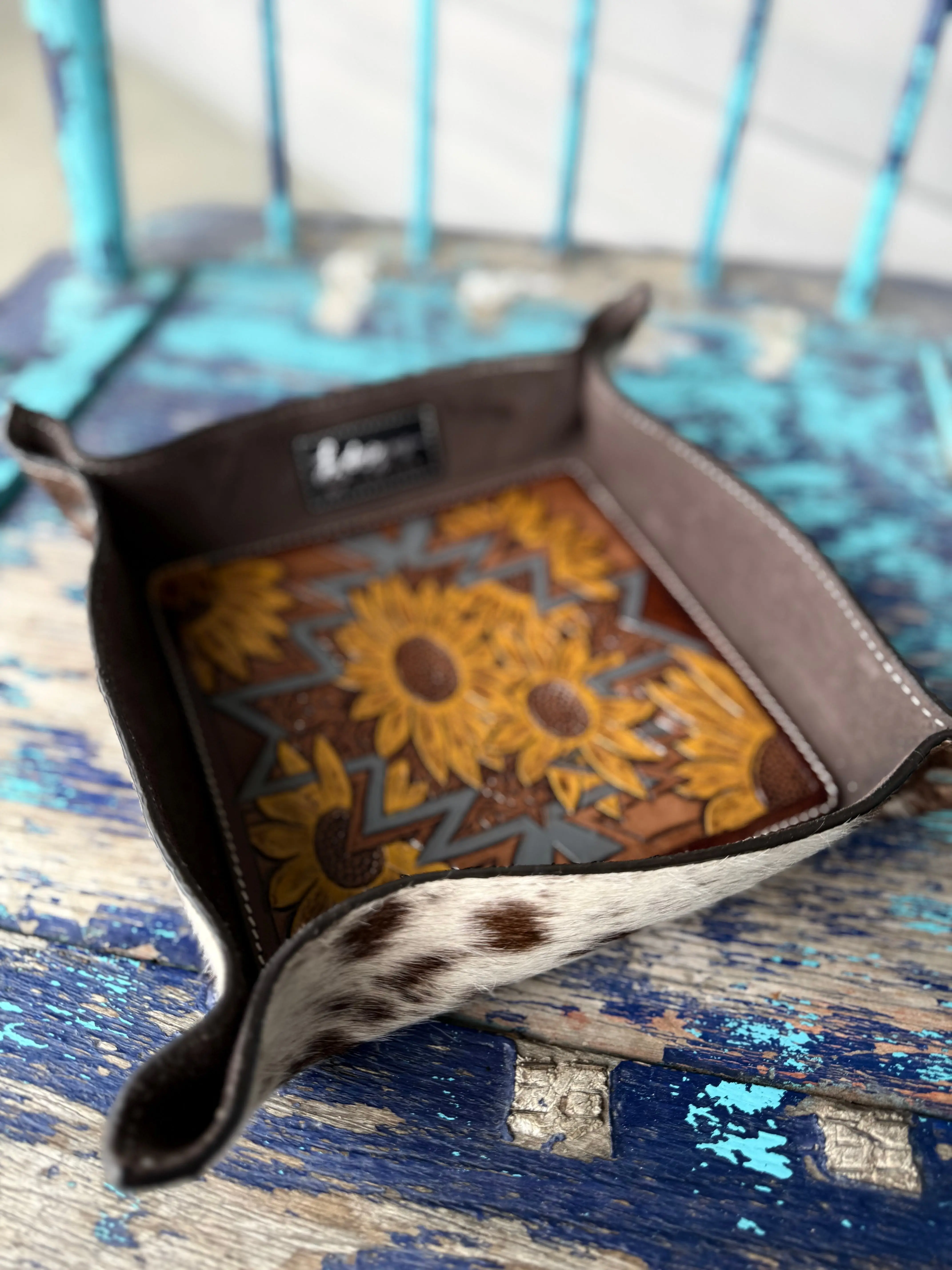 Sunflower Tooled Leather Tray – Large Cowhide Catchall