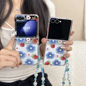 Samsung Galaxy Z Flip7/flip6/flip5 Case, Blue Flower Design, Personalized Protective Cover, Strap Included, Ideal Gift for Women