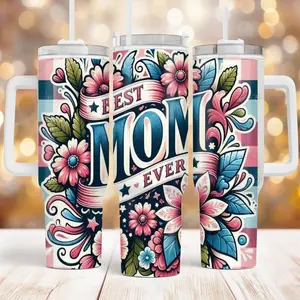 Best Mom Ever 40oz Tumbler, Mother's Day 2026 Gift Idea, Vibrant Floral Mom Cup, Insulated Travel Mug With Handle, Birthday Gift For Mum, Pink and Blue Floral Aesthetic, Personalized Feeling Mom Gift, High Quality Thermal Drinkware