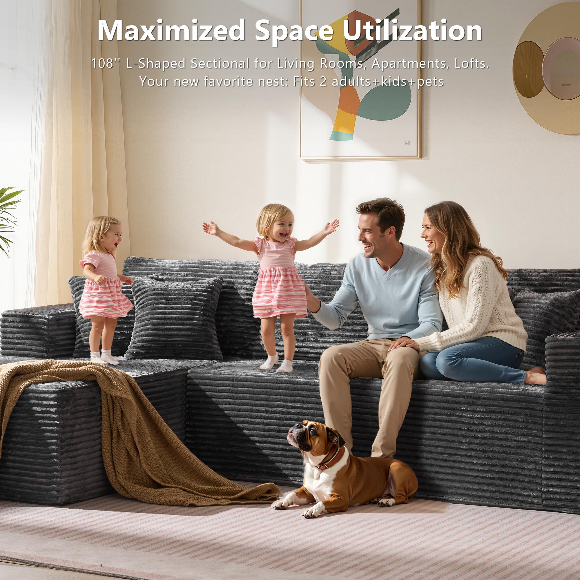 【Black Friday & Cyber Monday Deal】2 Packages Shipping OOSWIFT 108“ inches Plush Modern L-Shaped Cloud Sectional Sofa Corduroy Cloud Velvet Modular Couch with Chaise, No Assembly Required Sectional Sofa living room furniture