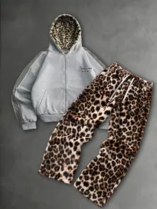 Men's Leopard Print Straight Leg Pants and Hooded Sweatshirt Set, Casual Fashion, Comfortable Fit, Perfect for Daily Wear