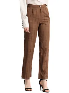 INSPIRE CHIC Elastic Waist Plaid Pants Casual Work Long Trousers Bottom