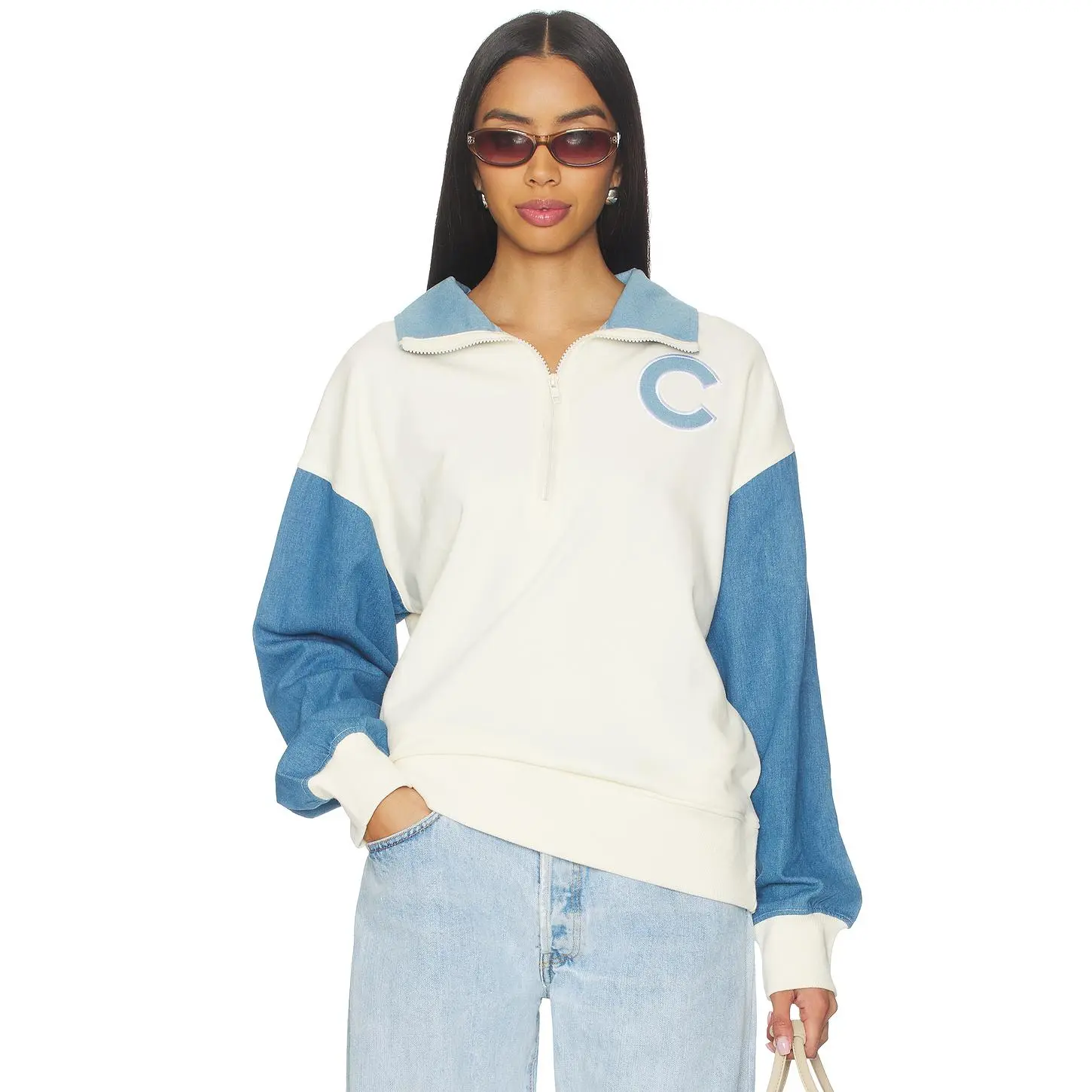 Terez x REVOLVE Cubs Denim Quarter Zip in White & Denim Medium
