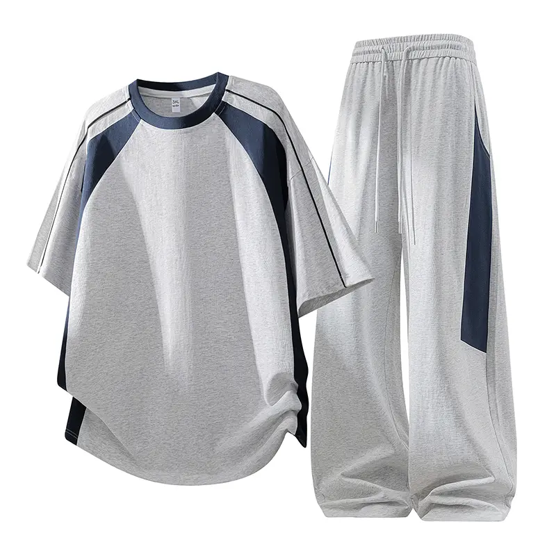 Men’s beach vacation casual set — breathable, quick drying, color block design; short sleeve top and long pants two piece, relaxed fit