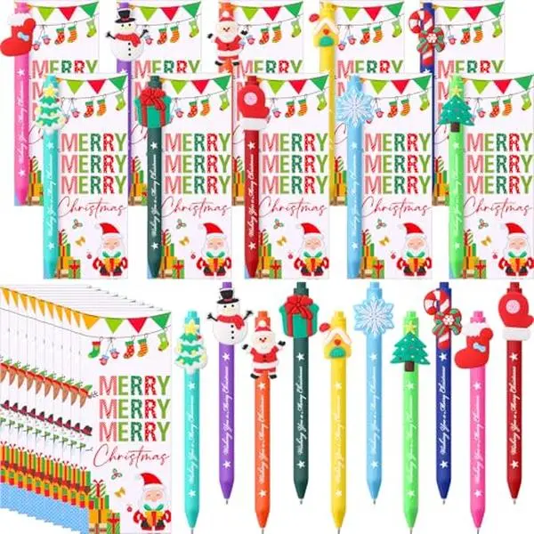 Christmas Gift Christmas Cartoon Pens Xmas Ballpoint Pens with Greeting Card Merry Card Creative Novelty Pen for Xmas Party Gift School Office Supplies