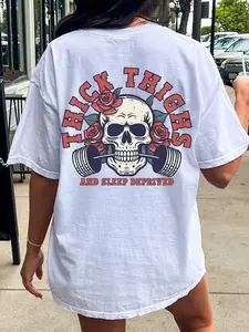 Women's Floral & Skull Print Round Neck Tee, Fashion Casual Letter Graphic Crew Neck T-Shirt for Daily Holiday Vacation Outdoor Wear, Ladies Clothes for Summer