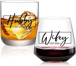 physkoa  Wedding Gifts for Couples 2026,Hubby & Wifey Wine&Whiskey Glass Set,Bridal Shower Gifts for Bride and Groom, Newly-Married Gifts for Him and Her，Mr and Mrs Gifts,His and Hers Glass