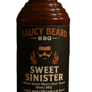 Saucy Beard BBQ sauce. Sweet Sinister, Hell Yeah Habanero, Rebel Berry Heat, Tipsy Peach, Zesty Cranberry Outlaw, and Stingers Reserve Hot Honey