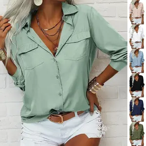 Imily Bela Womens Solid Lapel Long Sleeves Button Down Shirt Top Casual Basic Office Blouse