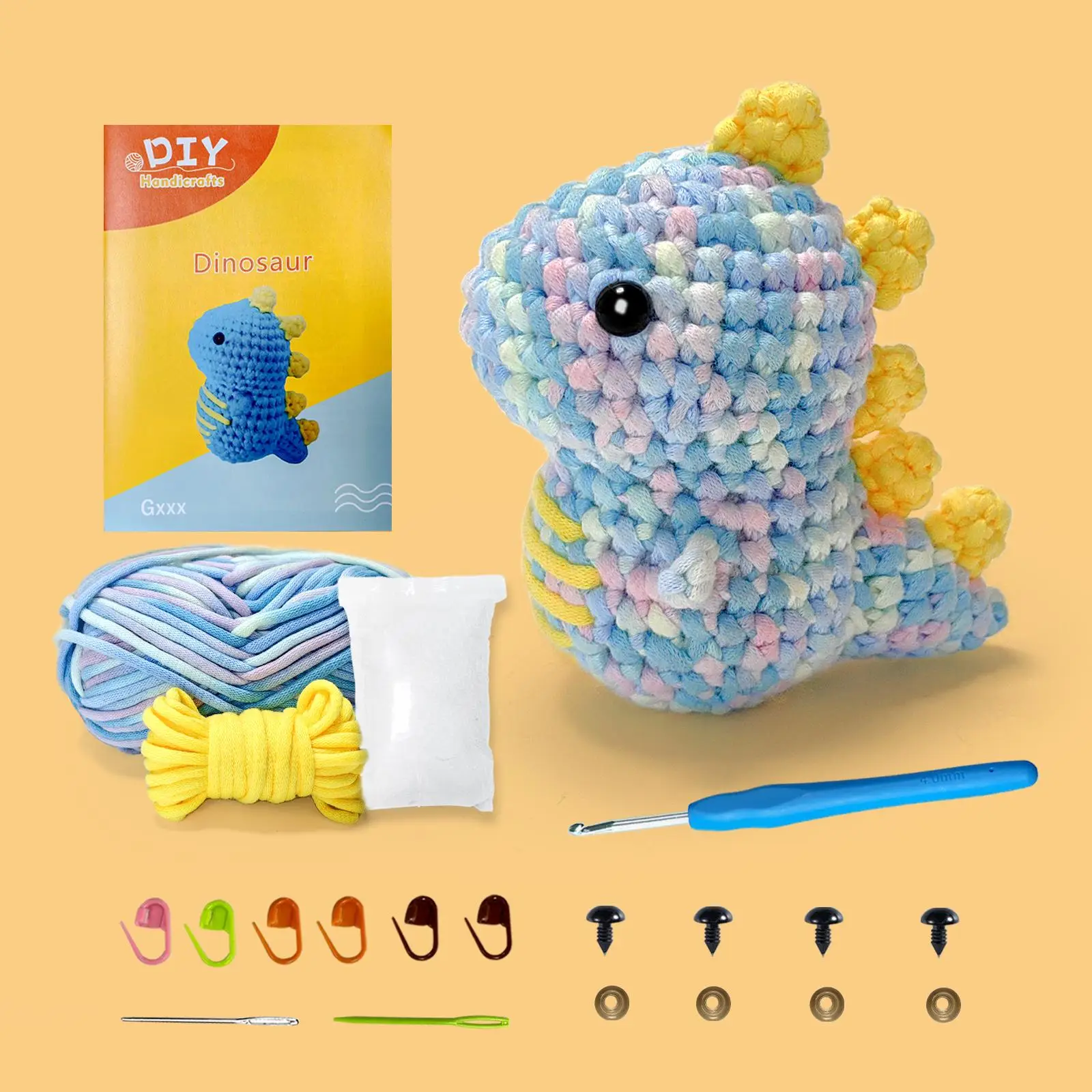 Dinosaur Design Crochet Kit for Beginners, 1 Set DIY Cute Cartoon Handmade Knitting Set with Step-by-step English Video Tutorial for Adults & Beginner