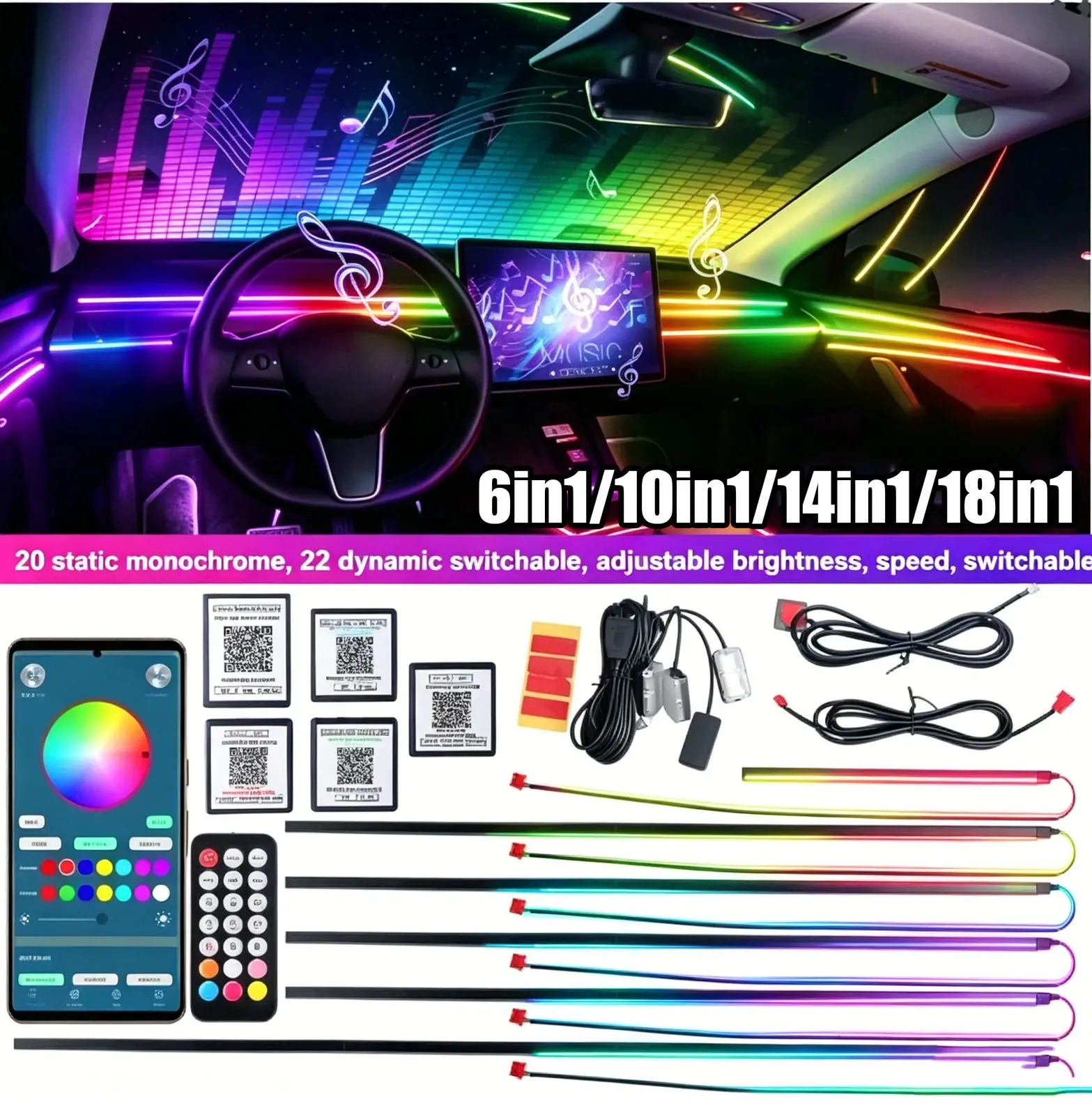 Dynamic Car Interior Ambient Lighting Kit - 64 Color RGB LED Strip Lights with Music Sync, Bluetooth App & Remote Control, 5V-12V Automotive Starters Welcome Light & Footwell Accent Light Set
