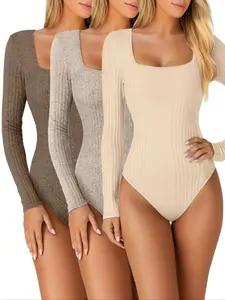 Women's 3-Piece Autumn Winter Knitted Fleece Lined Long Sleeve Jumpsuit Set, Casual Plain Color, Comfortable All-Season Wear Bodysuits