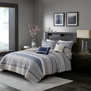 Madison Park MP13-7424 104 x 94 x 0.25 in. Rhapsody Reversible Jacquard Quilt Set with Throw Pillows, Navy - King & California King Size - 6 Piece, King Comforter Sets, Jacquard Weave, Striped Set