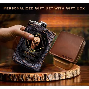 Custom Skull Flask & Personalized  Wallet Set