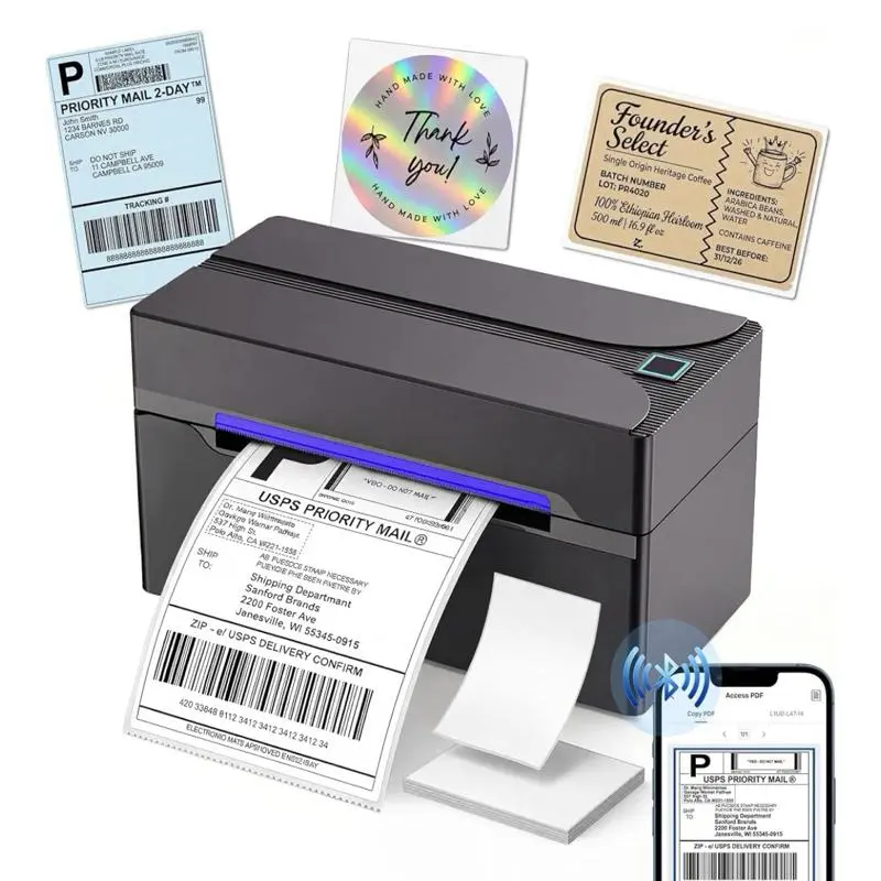 Bluetooth Thermal Label Printer - 4x6 Wireless Shipping Label Printer for Small Business - Compatible with iPhone Android Shopify Amazon USPS Etsy UPS - Inkless High Speed Printing - Black