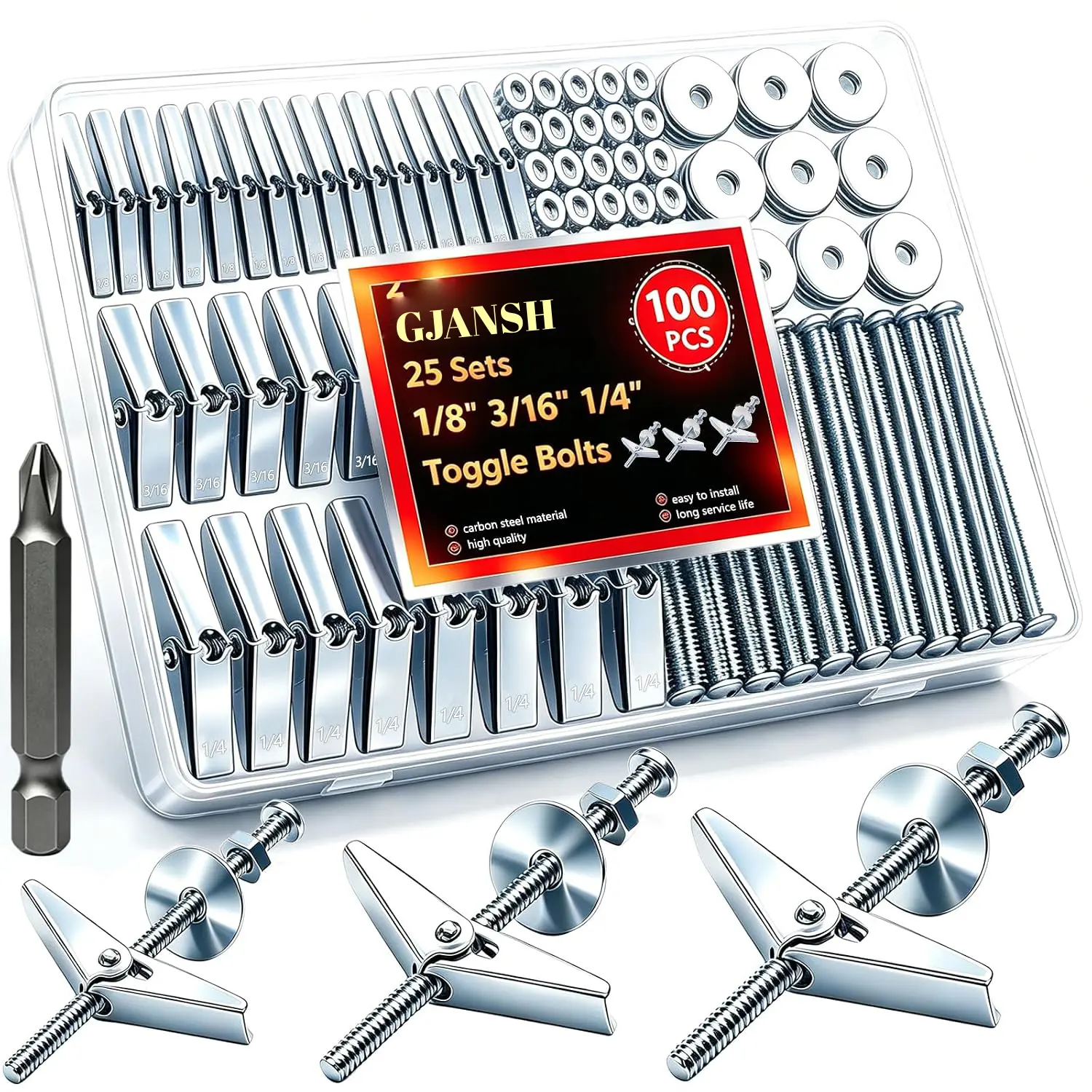 GJANSH 100Pcs Toggle Bolts Drywall Anchors Kit, 25 Sets 1/8" 3/16" 1/4" Heavy Duty Hollow Wall Anchors with Nuts, Washers and Drill Bit, for Hanging Shelves, Mirrors, TV Mounts, Artwork on Drywall