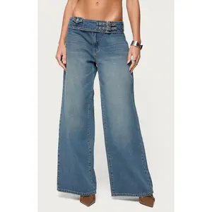 Edikted Women's Double Buckle Low Rise Jeans